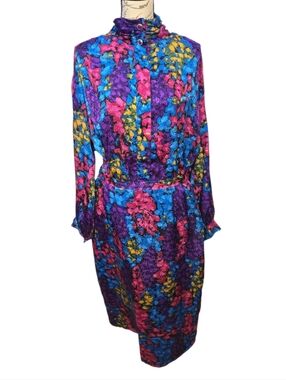 Lilli Ann 80s Colorful Floral Print Long Sleeve Women's Set - Purple Sz L